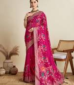 Pink color blended cotton fabric wevon with table printed sober fancy saree