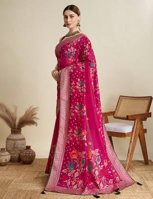 Pink blended cotton wevon with table printed sober fancy saree 4
