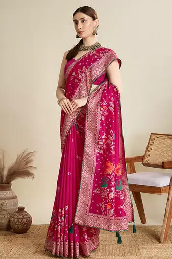 Pink blended cotton wevon with table printed sober fancy saree