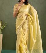 ready to wear yellow color chiffon fabric saree for graceful bollywood style saree