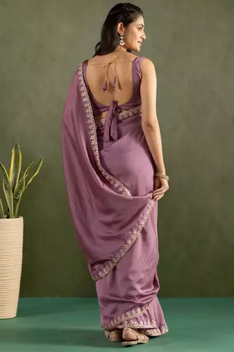 pre draped purple chiffon saree graceful style saree