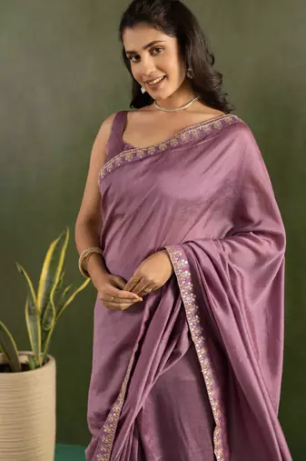 pre draped purple chiffon saree graceful style saree