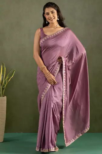 pre draped purple chiffon saree graceful style saree