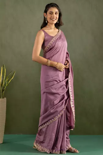 pre draped purple chiffon saree graceful style saree