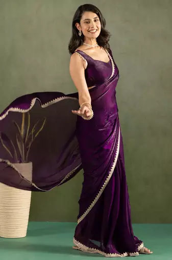 pre-stitched lavender chiffon saree graceful style saree