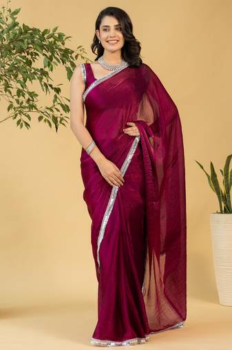 Maroon color chiffon fabric ready to wear saree for graceful bollywood style saree