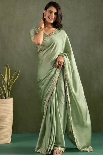 Pista color chiffon fabric ready to wear saree for graceful bollywood style saree