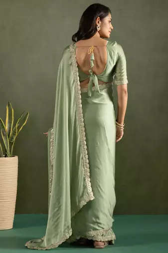 pre draped pista chiffon saree graceful style saree
