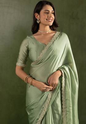 pre draped pista chiffon saree graceful style saree 3