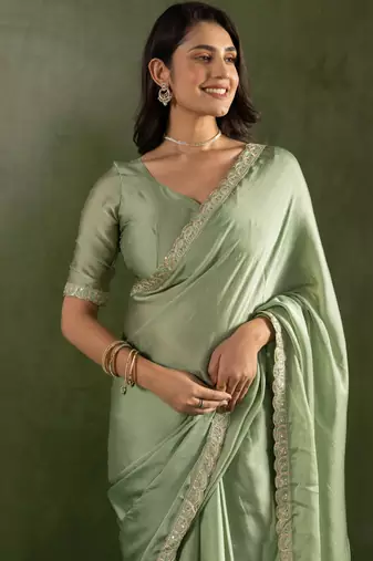 pre draped pista chiffon saree graceful style saree