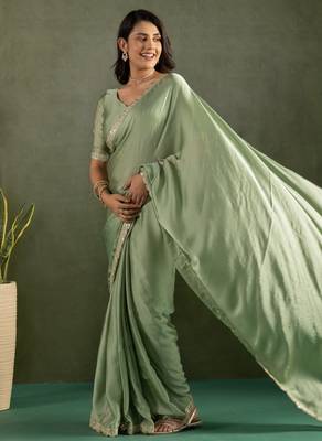 pre draped pista chiffon saree graceful style saree 4