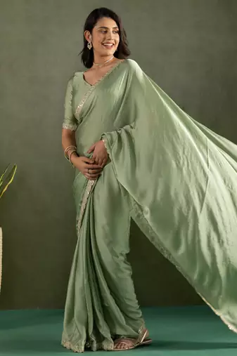 pre draped pista chiffon saree graceful style saree
