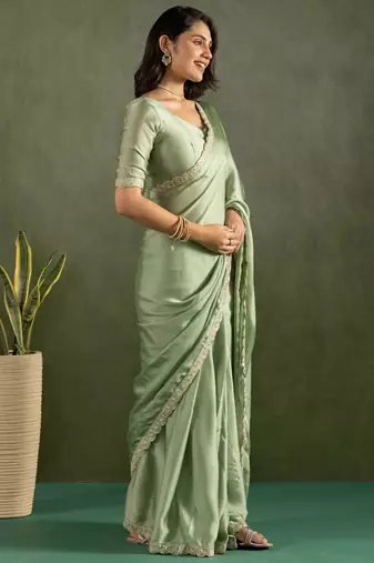 pre draped pista chiffon saree graceful style saree