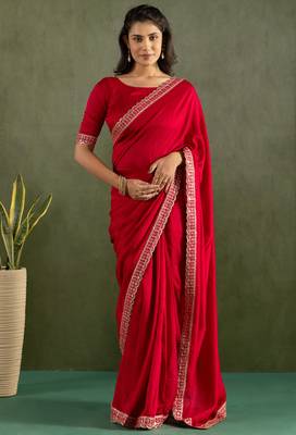 ready to wear red color chiffon fabric saree for graceful bollywood style saree 1