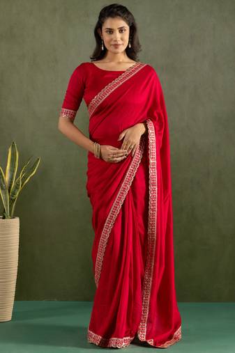 Red color chiffon fabric ready to wear saree for graceful bollywood style saree
