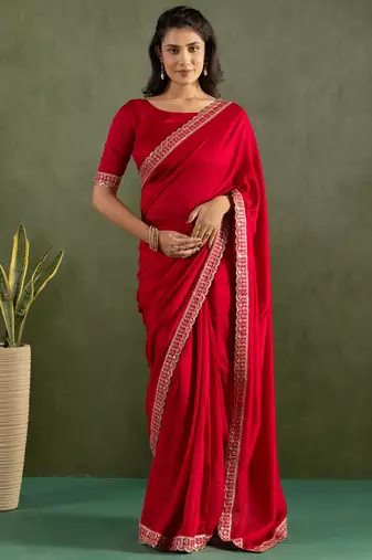 Red color chiffon fabric ready to wear saree for graceful bollywood style saree