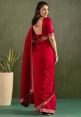 ready to wear red color chiffon fabric saree for graceful bollywood style saree 2
