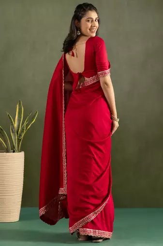 ready to wear red color chiffon fabric saree for graceful bollywood style saree