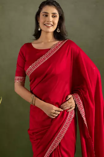 ready to wear red color chiffon fabric saree for graceful bollywood style saree