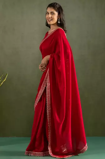 ready to wear red color chiffon fabric saree for graceful bollywood style saree