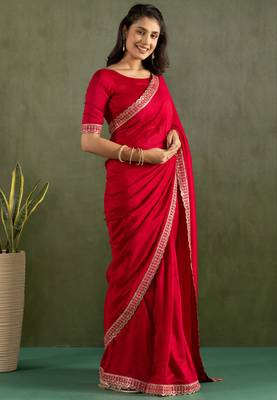 ready to wear red color chiffon fabric saree for graceful bollywood style saree 5