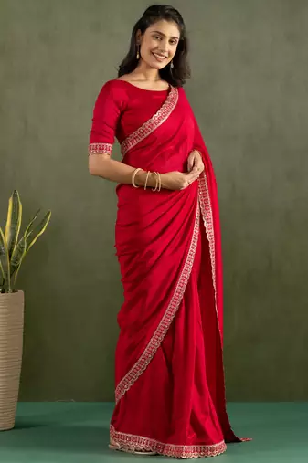ready to wear red color chiffon fabric saree for graceful bollywood style saree