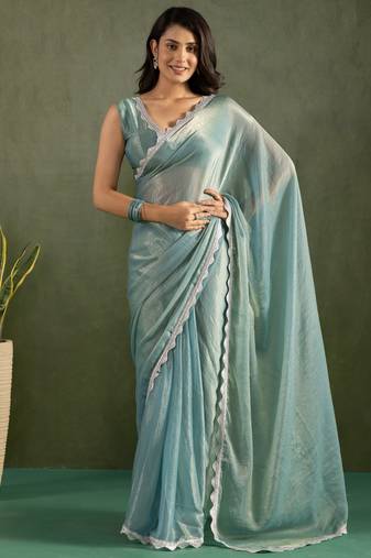 Sky blue color chiffon fabric ready to wear saree for graceful bollywood style saree