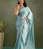 ready to wear pastel blue color chiffon fabric saree for graceful bollywood style saree