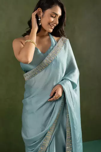 ready made pastel blue chiffon saree graceful style saree