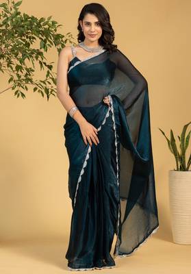 pre draped teal blue chiffon saree graceful style saree 1