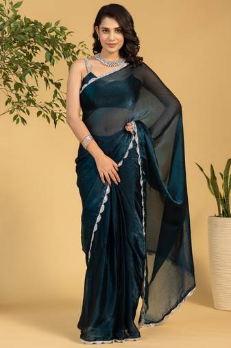 Teal blue color chiffon fabric ready to wear saree for graceful bollywood style saree
