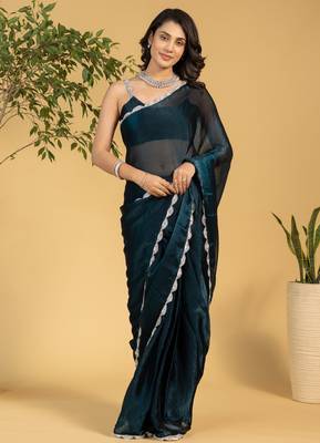 pre draped teal blue chiffon saree graceful style saree 4