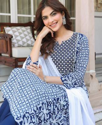 women's navy blue rayon floral printed with mirror work a-line kurta set 1