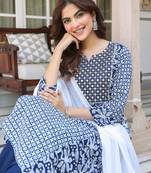 women's navy blue rayon floral printed with mirror work a-line kurta set