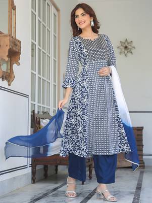 women's navy blue rayon floral printed with mirror work a-line kurta set 3