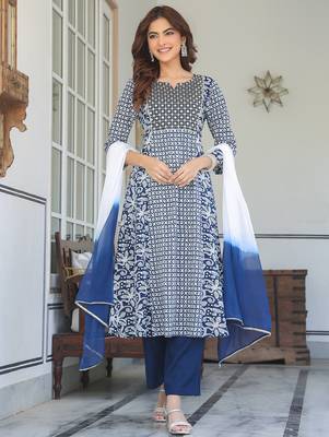 women's navy blue rayon floral printed with mirror work a-line kurta set 4