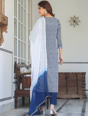 women's navy blue rayon floral printed with mirror work a-line kurta set 5