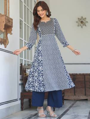 women's navy blue rayon floral printed with mirror work a-line kurta set 6