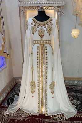 White and gold wedding party wear moroccan kaftan 1