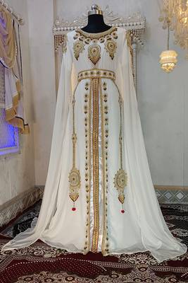 White and gold wedding party wear moroccan kaftan 2