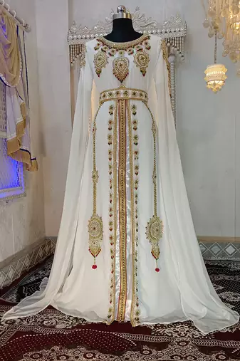 White and gold wedding party wear moroccan kaftan