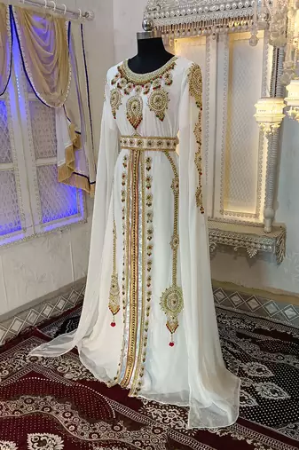 White and gold wedding party wear moroccan kaftan