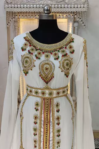 White and gold wedding party wear moroccan kaftan