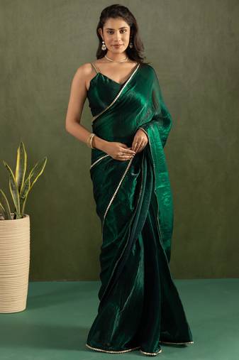 Green color chiffon fabric ready to wear designer solid partywear saree