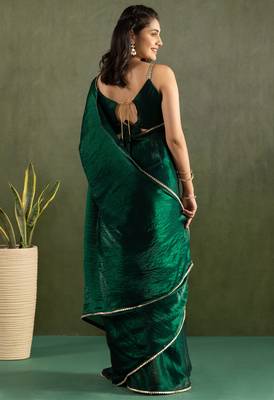 pre draped green chiffon solid partywear saree 2