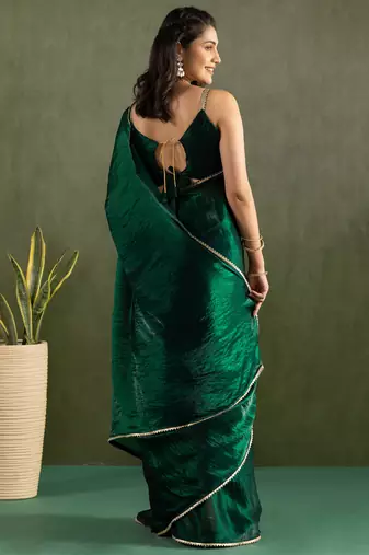 pre draped green chiffon solid partywear saree