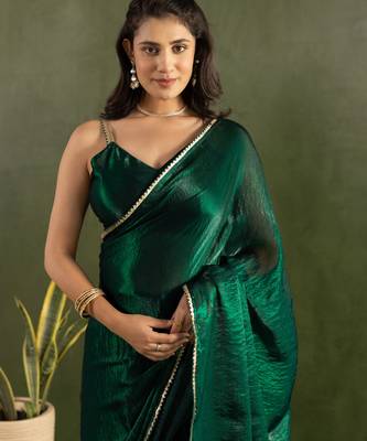 pre draped green chiffon solid partywear saree 3