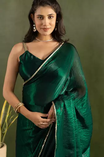 pre draped green chiffon solid partywear saree