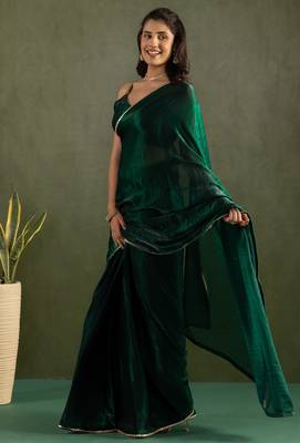 pre draped green chiffon solid partywear saree 4