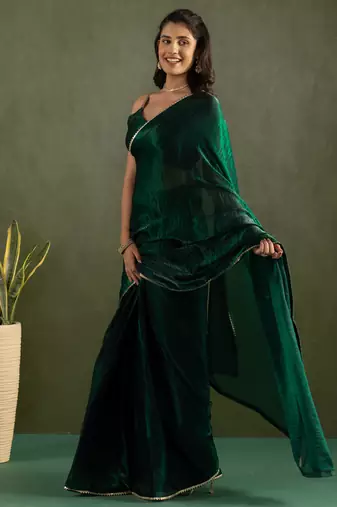 pre draped green chiffon solid partywear saree